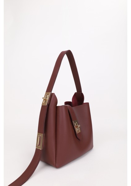 Kadın Gold Kilit Detay Aksesuarlı Ayarlanabilir Kilit Askılı El Kol ve Omuz Çanta 2Lİ HELEN (Bordo, Süet Kahve) fiyatları