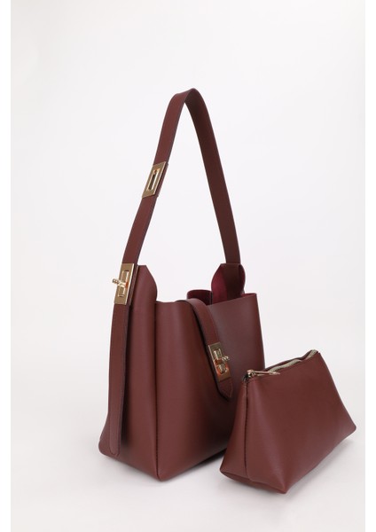 Kadın Gold Kilit Detay Aksesuarlı Ayarlanabilir Kilit Askılı El Kol ve Omuz Çanta 2Lİ HELEN (Bordo, Süet Kahve) modelleri
