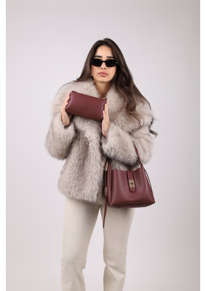 Kadın Gold Kilit Detay Aksesuarlı Ayarlanabilir Kilit Askılı El Kol ve Omuz Çanta 2Lİ HELEN (Bordo, Süet Kahve) fırsatları