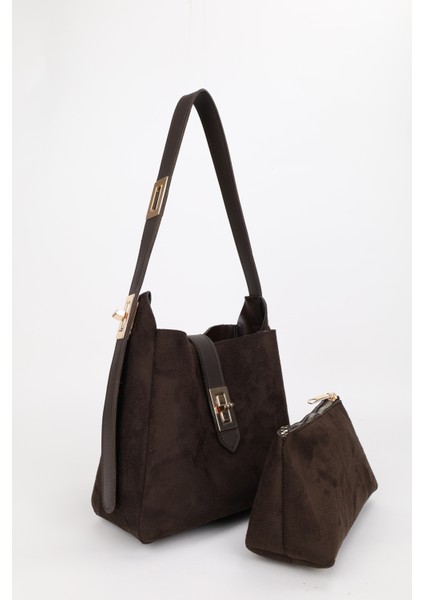 Kadın Gold Kilit Detay Aksesuarlı Ayarlanabilir Kilit Askılı El Kol ve Omuz Çanta 2Lİ HELEN (Bordo, Süet Kahve)