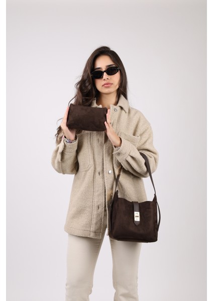 Kadın Gold Kilit Detay Aksesuarlı Ayarlanabilir Kilit Askılı El Kol ve Omuz Çanta 2Lİ HELEN (Bordo, Süet Kahve)