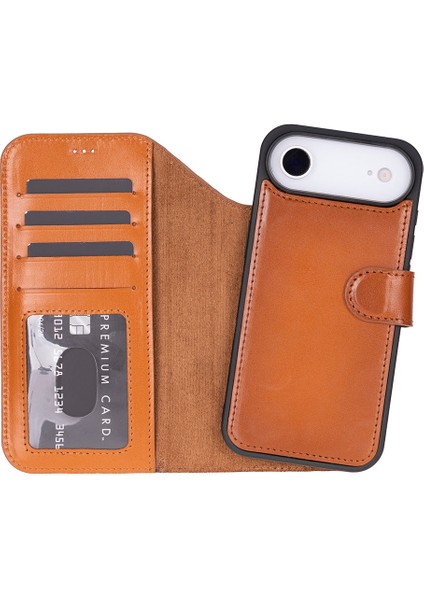Bloomcase Magic Wallet Urban Tan Hakiki Deri iPhone 17 Air(6.5") Cüzdanlı Telefon Kılıfı
