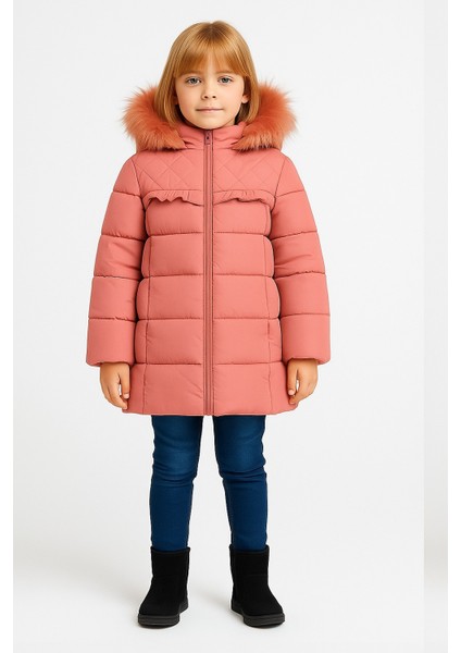 Kız Çocuk Şişme Kaban Suni Kürk Detaylı Kapşonlu Cepli Fermuarlı Bebeciden Pembe