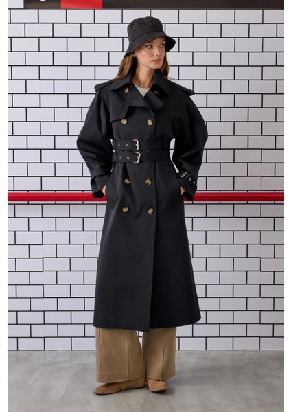 Çift Kemerli Trençkot Siyah