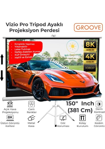 Vizio Pro 150¨INCH 332X188CM Blackout Işık Geçirmez Tripod Ayaklı Projeksiyon Perdesi +Taşınabilir+Canlı Renkler+Göz Koruması+Leke Tutmaz Projector