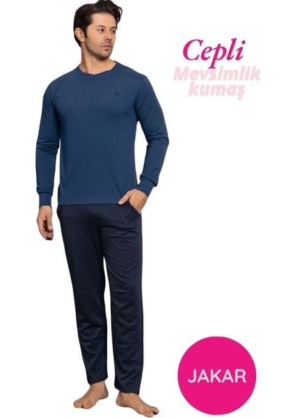 Erkek Düğmesiz Çizgili Jakar Kumaş Mevsimlik Kol Manşetli Uzun Kol Cepli Pijama Takımı