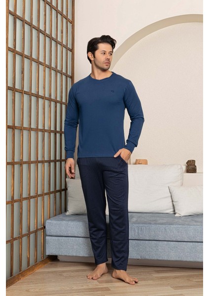 Erkek Düğmesiz Çizgili Jakar Kumaş Mevsimlik Kol Manşetli Uzun Kol Cepli Pijama Takımı modelleri