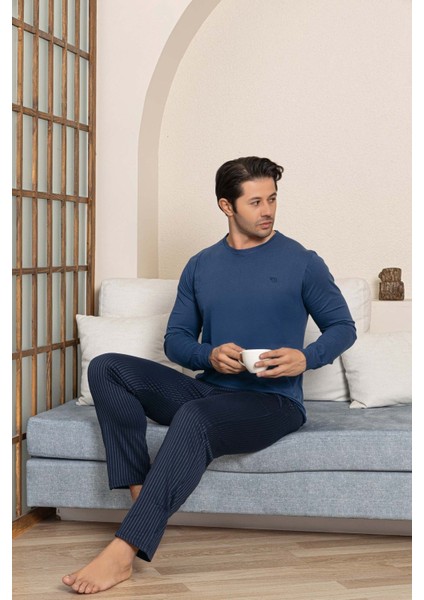 Erkek Düğmesiz Çizgili Jakar Kumaş Mevsimlik Kol Manşetli Uzun Kol Cepli Pijama Takımı fırsatları