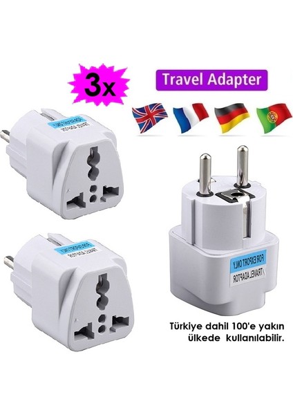 Seyahat Adaptörü Üniversal Priz Çevirici Dönüştürücü, Türkiye Dahil 100'E Yakın Ülkede Kullanılır. 3 Adet
