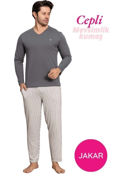 Erkek Düğmesiz Çizgili Jakar Kumaş Mevsimlik Kol Manşetli Uzun Kol Cepli Pijama Takımı