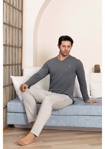 Erkek Düğmesiz Çizgili Jakar Kumaş Mevsimlik Kol Manşetli Uzun Kol Cepli Pijama Takımı fırsatları