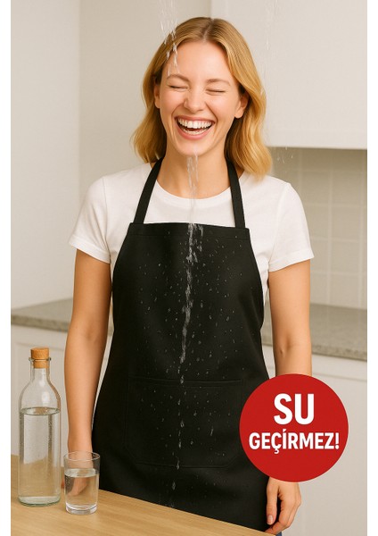 Siyah Spunbond Kalın Kumaş ve Su Geçirmez Cepli Mutfak, Aşçı Önlüğü