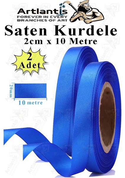 Mavi Kurdele Saten 2 cm 10 Metre 2 Adet Saten Kurdela Parlak Hediye ve Süsleme Şeridi Süs Paketleme Çiçek Saç El