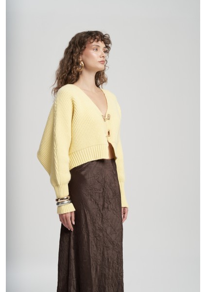 Luna Metal Detay Sarı Kısa Triko Hırka fırsatları