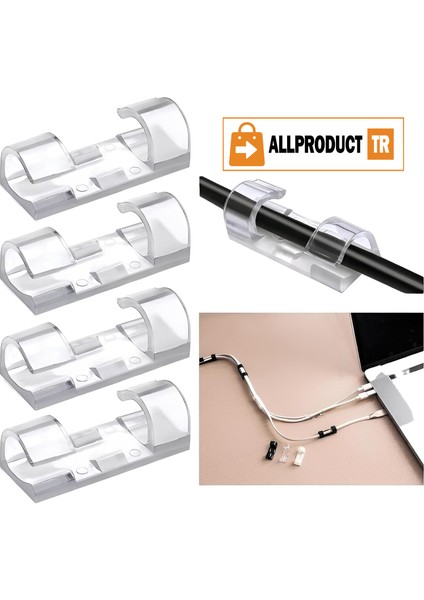 Allproduct Kablo Sabitleyici Klips Seti Kendinden Yapışkanlı Pratik Kablo Düzenleyici Şeffaf