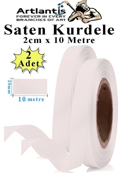 Beyaz Kurdele Saten 2 cm 10 Metre 2 Adet Saten Kurdela Parlak Hediye ve Süsleme Şeridi Süs Paketleme Çiçek Saç El