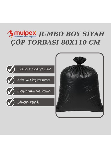 Jumbo Boy Siyah Çöp Torbası 80X110 cm – 1 Rulo (1300 G ±%2) Dayanıklı ve Kalın, Ağır Hizmet Geri Dönüşüm fiyatları