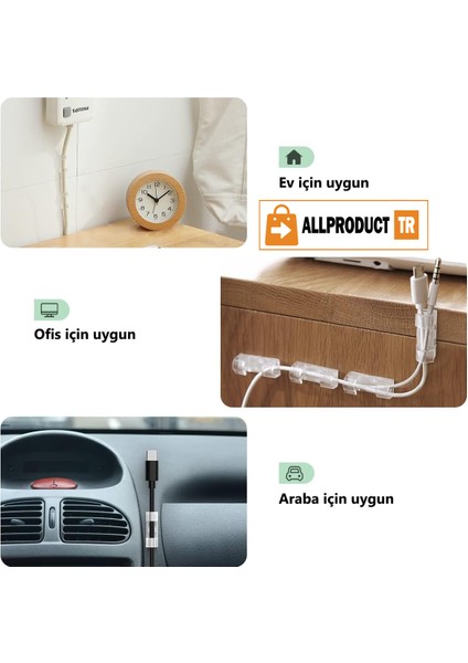 Allproduct Kablo Sabitleyici Klips Seti Kendinden Yapışkanlı Pratik Kablo Düzenleyici Şeffaf