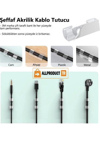 Allproduct Kablo Sabitleyici Klips Seti Kendinden Yapışkanlı Pratik Kablo Düzenleyici Şeffaf
