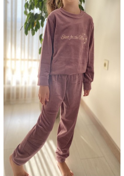 Kız Çocuk Mor Uzun Kol Kışlık Kadife Bisiklet Yaka Pijama Takımı 10E-2355