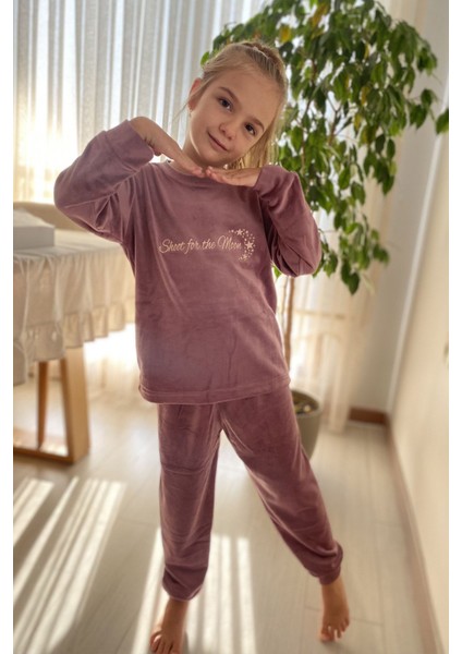 Kız Çocuk Mor Uzun Kol Kışlık Kadife Bisiklet Yaka Pijama Takımı 10E-2355 fiyatları