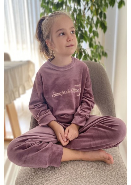 Kız Çocuk Mor Uzun Kol Kışlık Kadife Bisiklet Yaka Pijama Takımı 10E-2355 modelleri