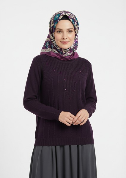 Kadın Kışlık Triko Kazak Bisiklet Yaka Boncuklu Rahat Tam Kalıp