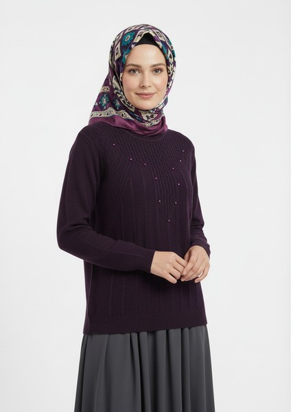 Kadın Kışlık Triko Kazak Bisiklet Yaka Boncuklu Rahat Tam Kalıp indirimleri