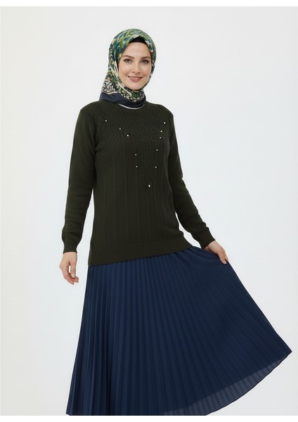 Kadın Kışlık Triko Kazak Bisiklet Yaka Boncuklu Rahat Tam Kalıp