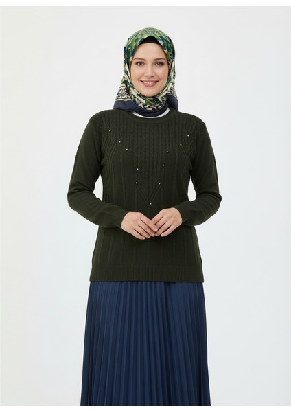 Kadın Kışlık Triko Kazak Bisiklet Yaka Boncuklu Rahat Tam Kalıp modelleri