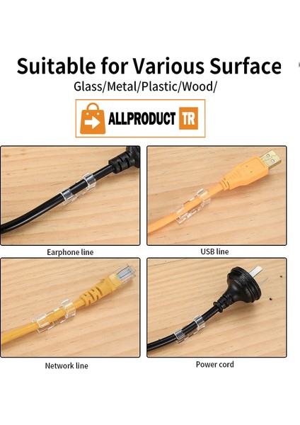 Allproduct Kablo Sabitleyici Klips Seti Kendinden Yapışkanlı Pratik Kablo Düzenleyici Şeffaf