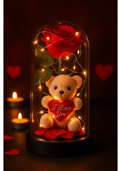 LED Işıklı Mika Fanus Içinde Gül ve Lüx Peluş Ayıcık – 20 cm Sevgiliye Hediye