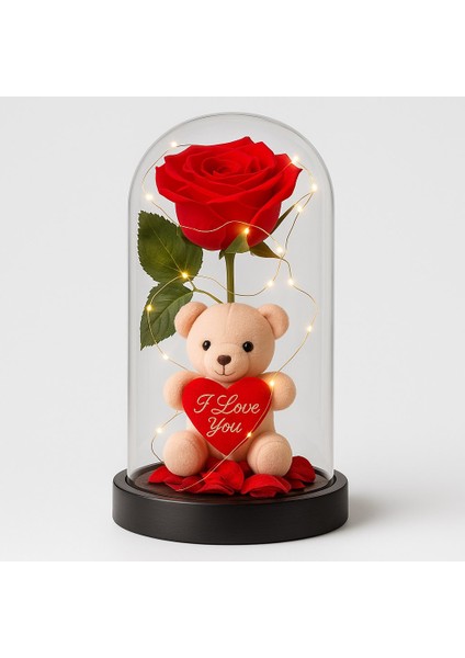 LED Işıklı Mika Fanus Içinde Gül ve Lüx Peluş Ayıcık – 20 cm Sevgiliye Hediye fiyatları