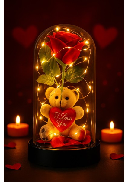 LED Işıklı Mika Fanus Içinde Gül ve Lüx Peluş Ayıcık – 20 cm Sevgiliye Hediye modelleri