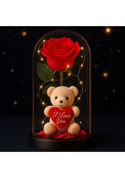 LED Işıklı Mika Fanus Içinde Gül ve Lüx Peluş Ayıcık – 20 cm Sevgiliye Hediye fırsatları