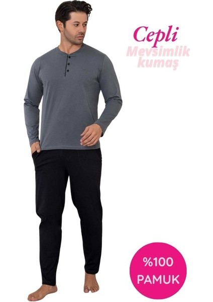 Erkek 3 Düğmeli %100 Pamuk Mevsimlik Uzun Kol Cepli Pijama Takımı