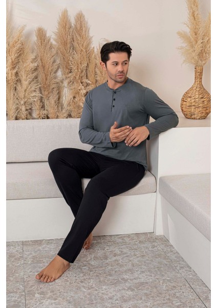 Erkek 3 Düğmeli %100 Pamuk Mevsimlik Uzun Kol Cepli Pijama Takımı modelleri