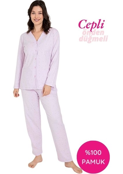 Kadın V Yaka Önden Düğmeli %100 Pamuk Uzun Kol Cepli Pijama Takımı