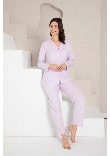 Kadın V Yaka Önden Düğmeli %100 Pamuk Uzun Kol Cepli Pijama Takımı modelleri