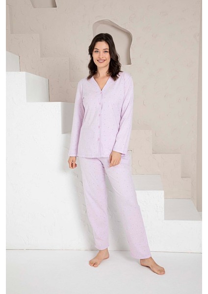 Kadın V Yaka Önden Düğmeli %100 Pamuk Uzun Kol Cepli Pijama Takımı fırsatları