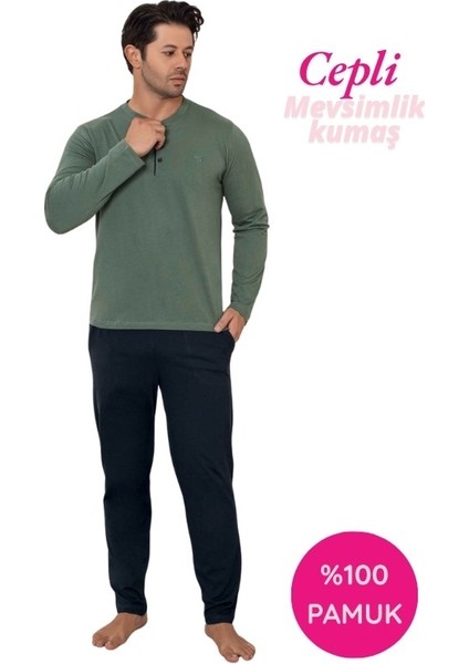 Erkek 3 Düğmeli %100 Pamuk Mevsimlik Uzun Kol Cepli Pijama Takımı