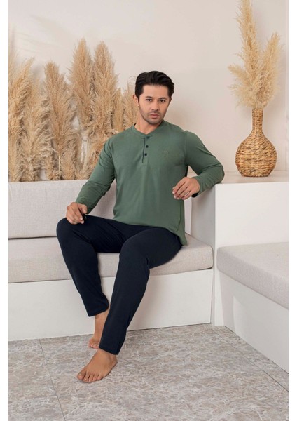 Erkek 3 Düğmeli %100 Pamuk Mevsimlik Uzun Kol Cepli Pijama Takımı modelleri
