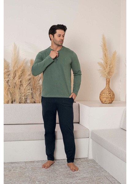 Erkek 3 Düğmeli %100 Pamuk Mevsimlik Uzun Kol Cepli Pijama Takımı fırsatları
