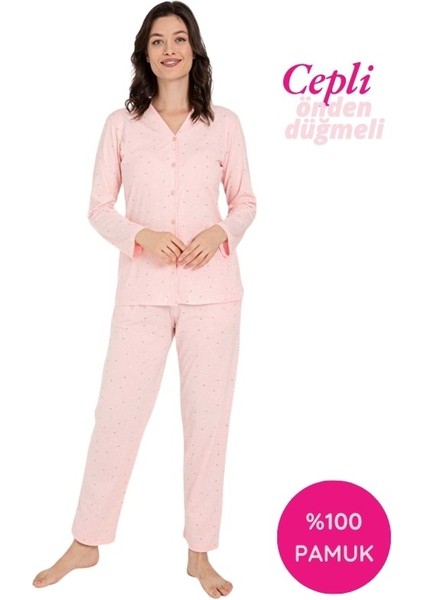 Kadın V Yaka Önden Düğmeli %100 Pamuk Uzun Kol Cepli Pijama Takımı
