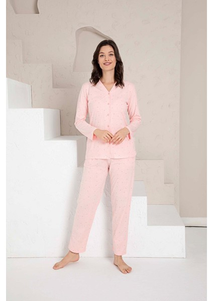 Kadın V Yaka Önden Düğmeli %100 Pamuk Uzun Kol Cepli Pijama Takımı modelleri