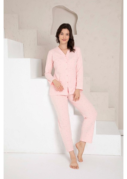 Kadın V Yaka Önden Düğmeli %100 Pamuk Uzun Kol Cepli Pijama Takımı fırsatları