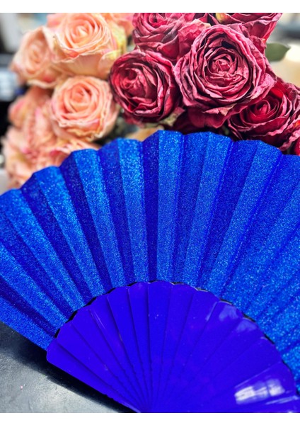 Plastik Yelpaze Simli Mavi