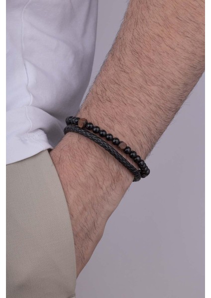 Oniks Taşlı Çift Kordon Örgü Model Erkek Deri Bileklik