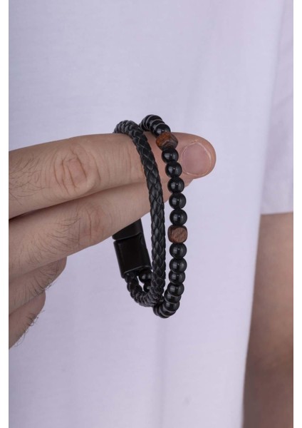 Oniks Taşlı Çift Kordon Örgü Model Erkek Deri Bileklik fiyatları