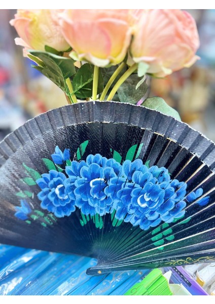 Yelpaze Bambu Çift Taraflı Çiçekli El Boyama Siyah